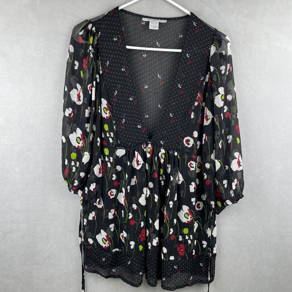Charlotte Russe Floral Polka Dot Babydoll Blouse Black V-Neck 3/4 Sleeve Y2K M